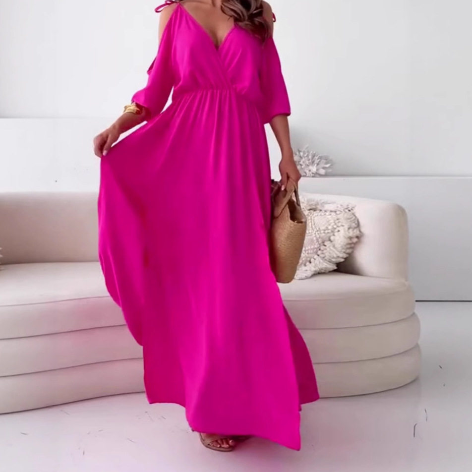 Sleeveless V Neck A Line Dress Solid Color Sexy Waist Defined Short Sleeve Casual Summer Wear Wholesale Available