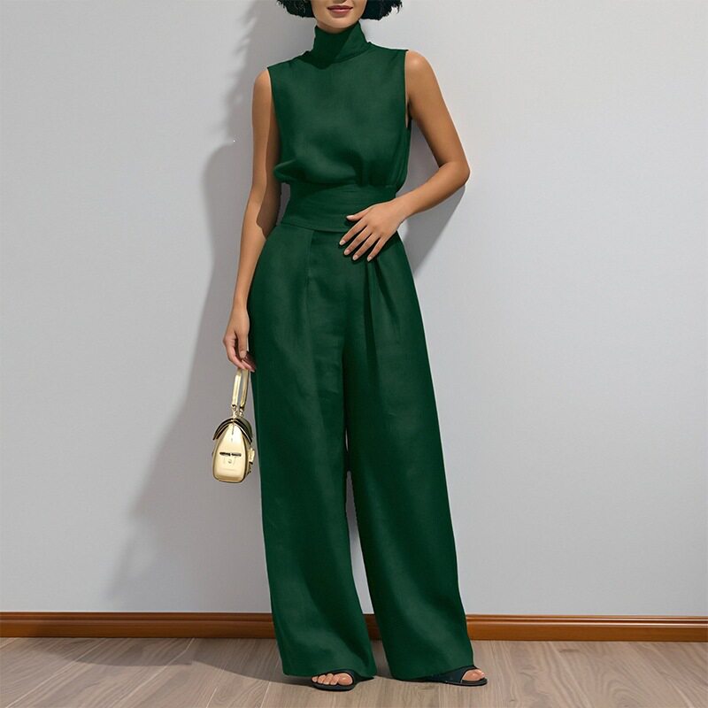 Womens Spring Outfit Set Elegant Solid Color High Neck Sleeveless Straight Leg Pants Perfect for Casual or