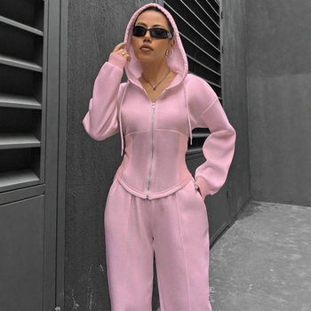 European and American Amazon Cross-Border Independent Station 2025 Autumn and Winter Fleece Hooded Cardigan Slim Sweatshirt Wide-Leg Pants Two-Piece Set