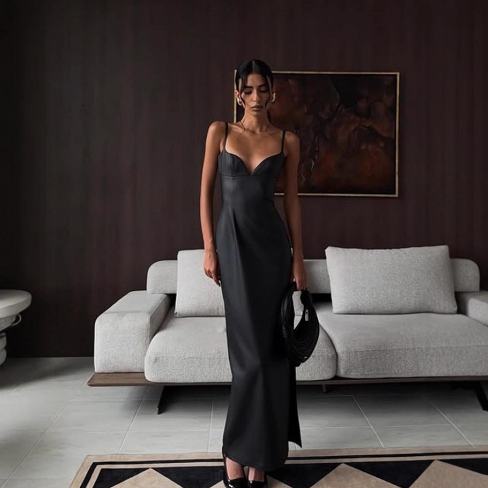 Chic Strapless A Line Dress Elegant Split Hem Thin Straps Solid Color PU Leather Perfect for Parties and Events