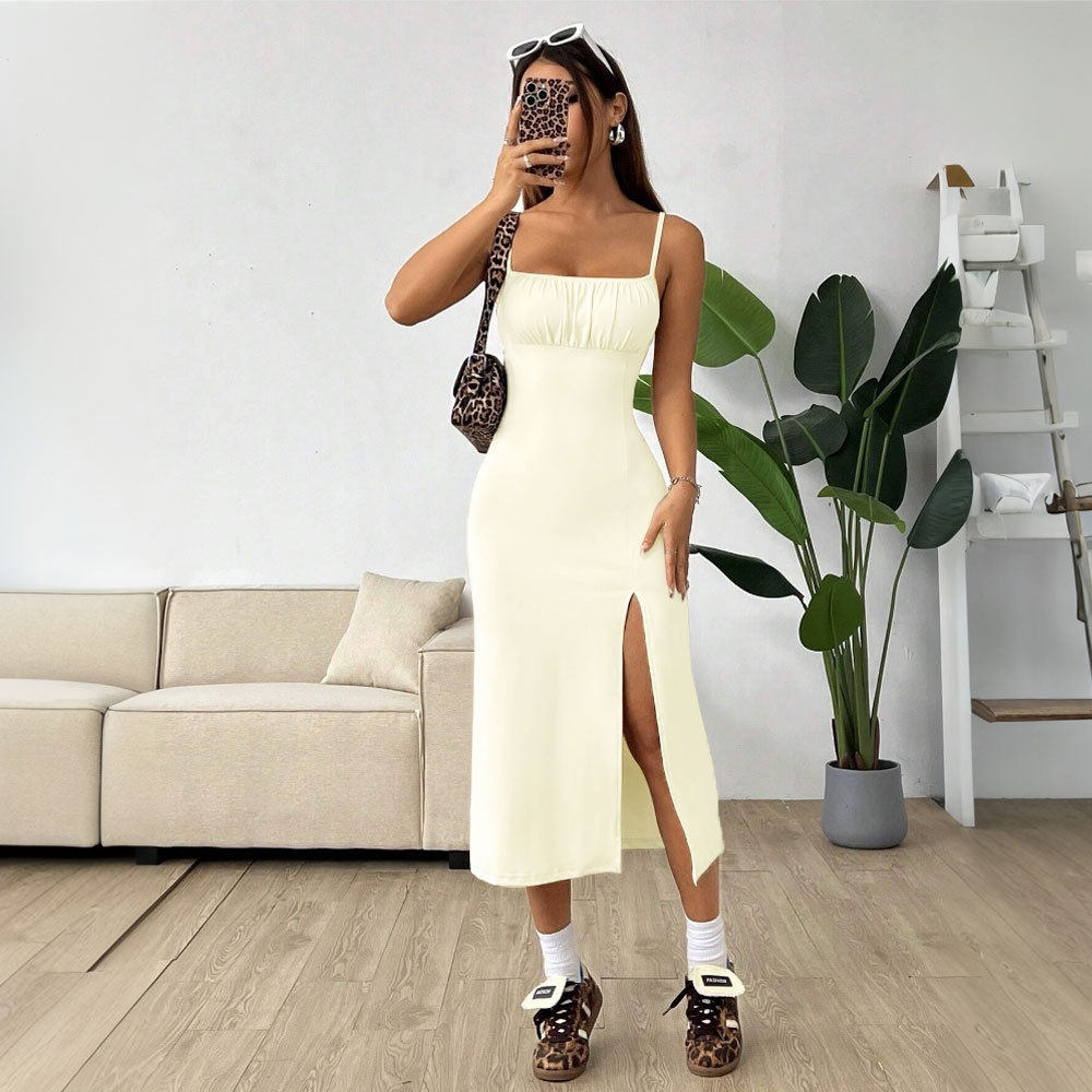 Womens Casual High Waisted Split Midi Dress Simple Design Adjustable Straps Slim Fit Spring Summer Collection