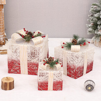 Christmas gift box silk thread wrapped Christmas gift box three-piece pile head ornaments holiday scene decoration supplies