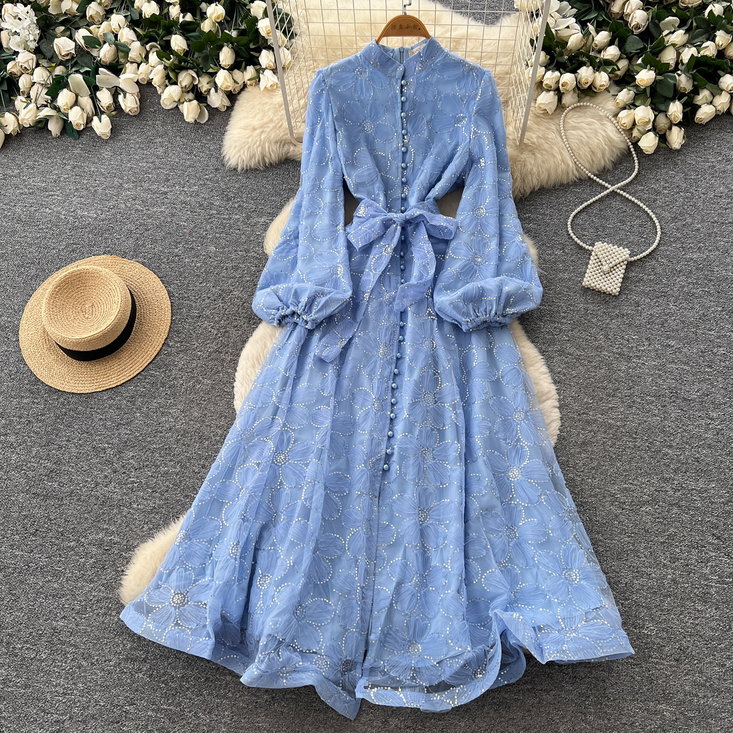French Romantic Style Lace Dress Stand Collar Lantern Sleeves A Line Silhouette Waist Defining Elegant Evening Wear