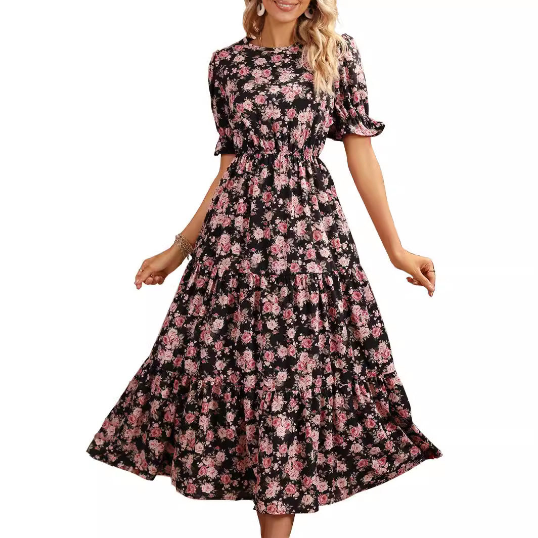 Floral Print Dress Waist Defining Elegant Design Spring Fashion Available for Wholesale custom packaging