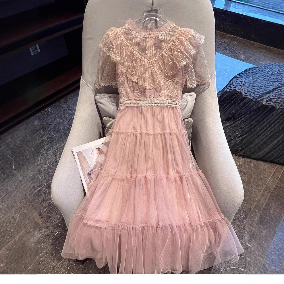 French Style Sweet Heavy Beaded Lace Panel Waist Defined Tulle Puff Dress for Women Elegant Slim Fit Perfect for