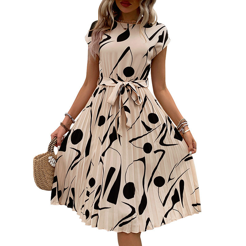 Elegant Abstract Print Pleated Dress Casual Beach Vacation Style Perfect for Summer Events Wholesale Available