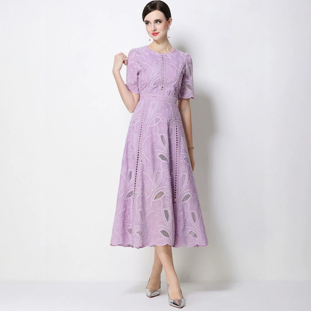 French Style Womens Dress Elegant Hollow Embroidery Waist Defining Slim Fit Summer Long Dress for Special Occasions