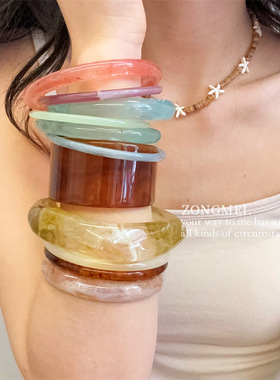 十几款叠戴大气理石纹树脂夸张亚克力手镯异形法式宽个性方形手饰