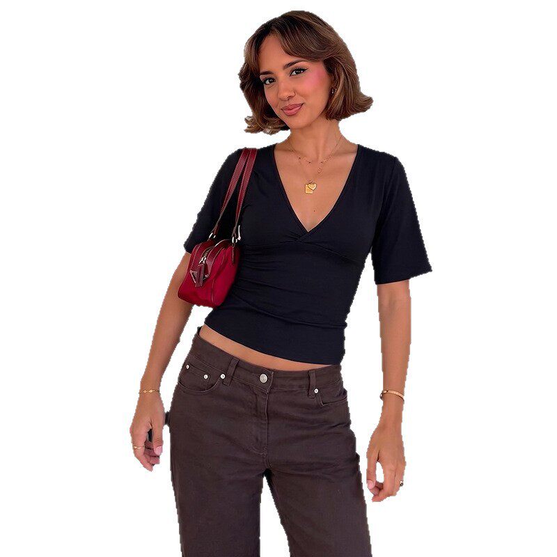 Womens Summer T Shirt Solid Color Slim Fit Deep V Neck Short Sleeve Versatile Casual Wear Wholesale Available
