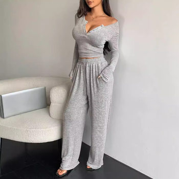 2024 European and American Cross-Border Autumn New Style Suit Long-Sleeved Button-Up Solid Color Slim-Fit Top and Long Pants Two-Piece Set for Women