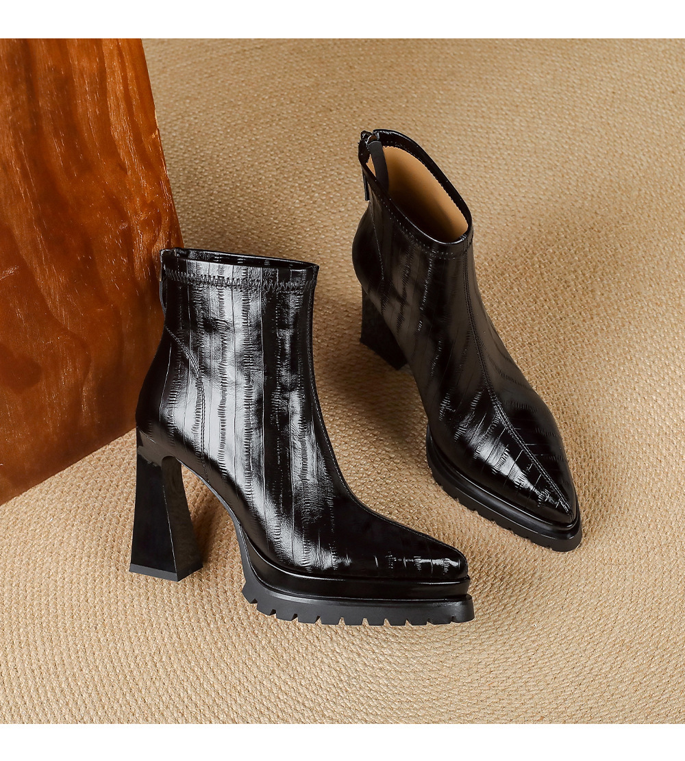 Boot nữ cao gót 10cm mũi nhọn da thật, cổ thấp gót vuông khóa kéo sau — Bảng màu nâu, Màu đen bên trong, Màu nâu., Trong danh sách đen