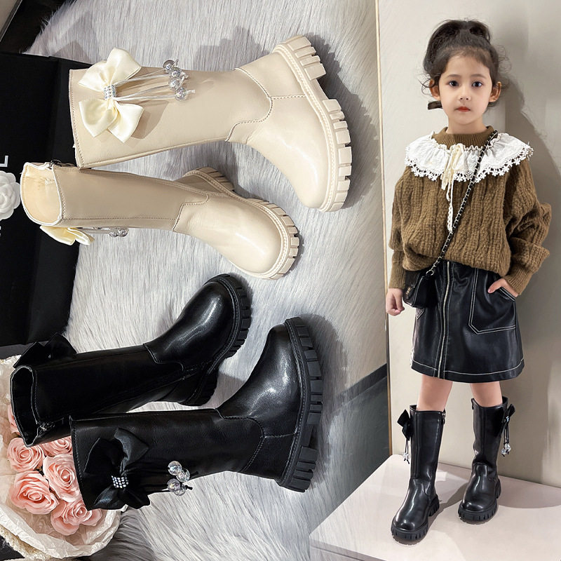 Girls' Velvet Warm Boots 2025 Winter New Korean Style Fashionable Kidsren's Princess Soft-Soled Fashionable Long Cotton Boots