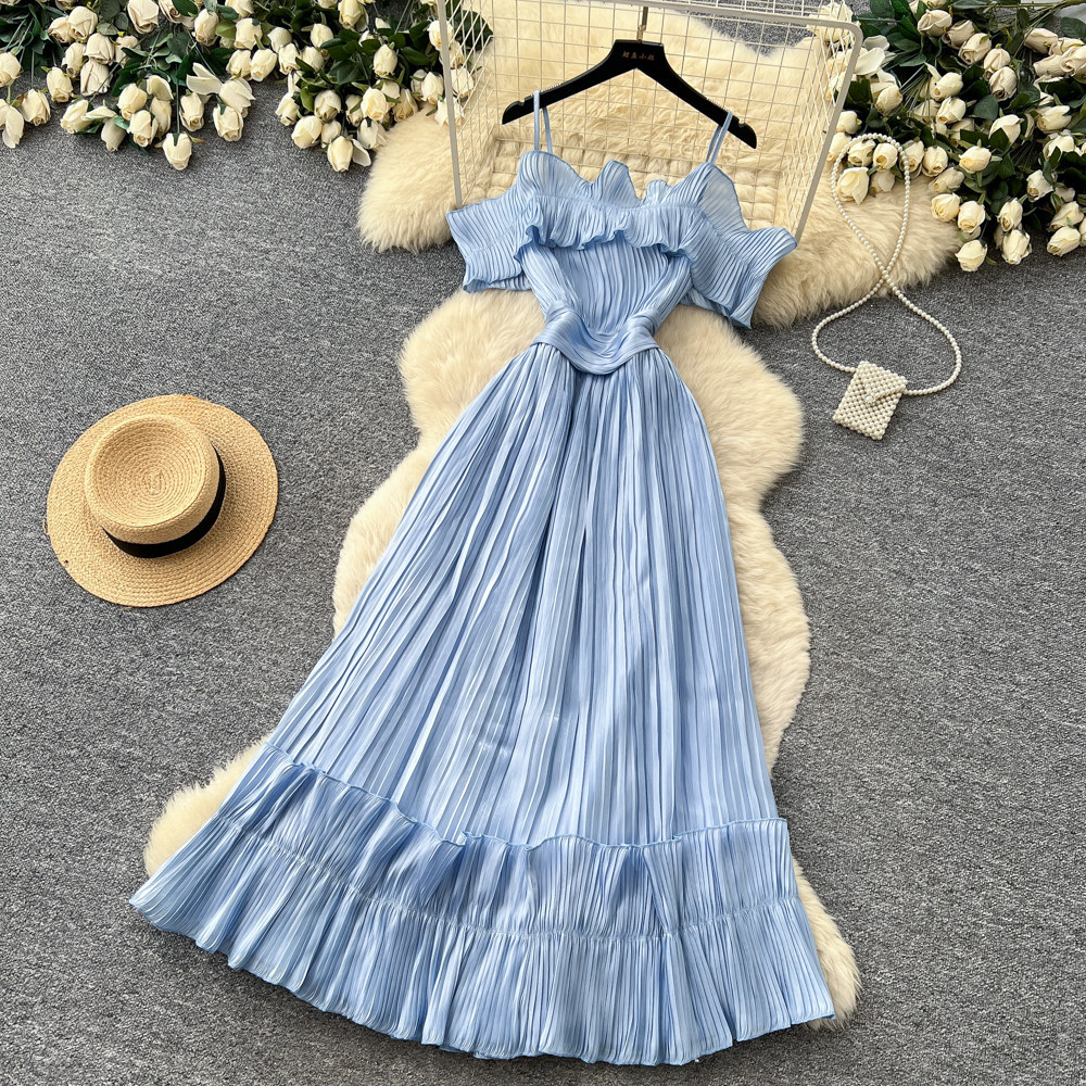 Off Shoulder Summer Dress French Style Sweetheart Neckline Waist Defined Flowy Maxi Ideal for Vacations and Special