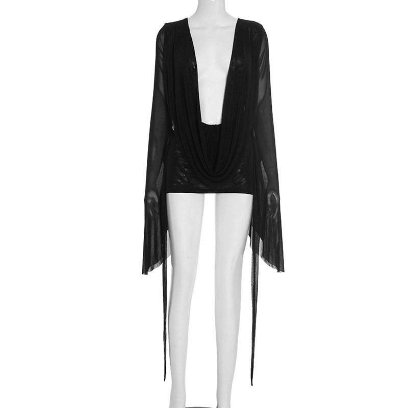 D25DS222 欧美跨境新款女装网纱荡领大摆长袖露背A字短袖连衣裙女