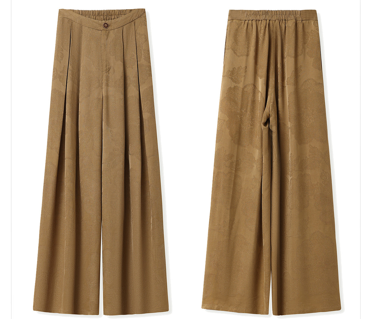 Quần dài ống rộng nữ họa tiết jacquard lụa tơ nhân tạo — Màu trắng nhạt, màu vàng