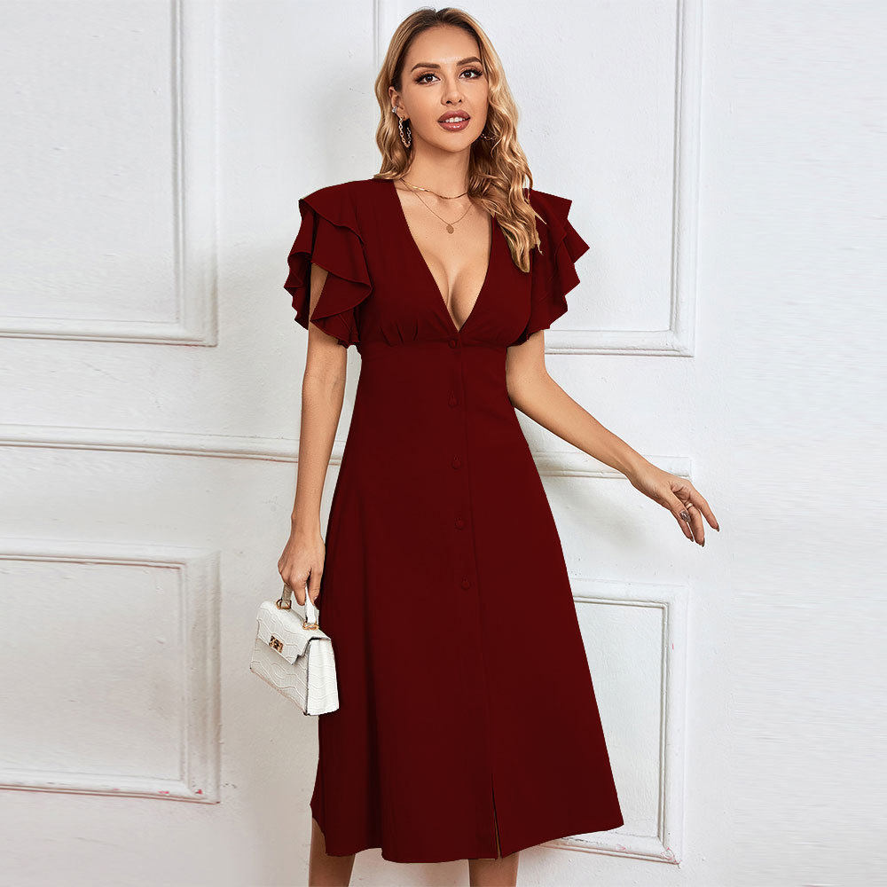 V Neck A Line Dress Sexy Backless Design Mid Length Spring Summer Collection Wholesale Womens Fashion Apparel