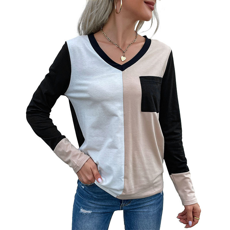 Loose Fit Womens Long Sleeve T Shirt Color Block Design V Neck Comfortable Fabric Casual Wear Wholesale Available