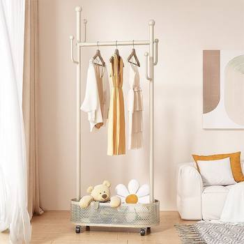 Clothes Hanger Floor-Standing Bedroom Removable Clothes Hanger Cream Style Clothes Storage Rack Simple Household Wheeled Coat Rack
