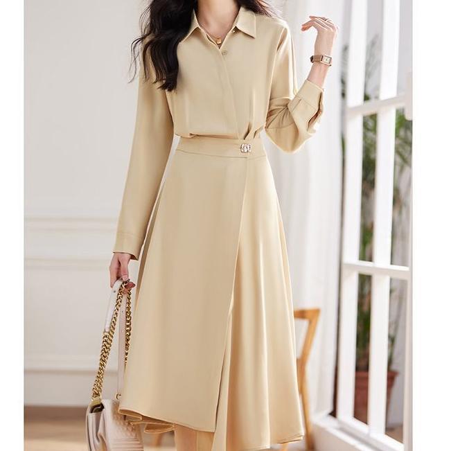 Solid Color Fashion Dress Simple Design Waist Cinching Slim Fit French Style Office and Commuting Wear OEM