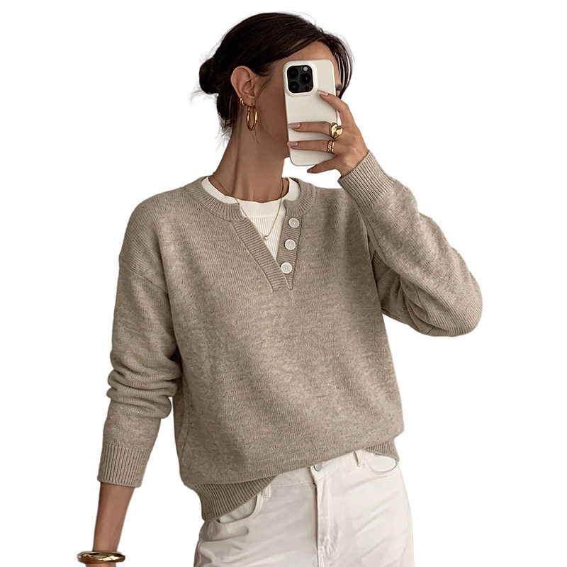 Knit Sweater Simple Korean Style Half Button Design Lightweight Fabric Casual Wear for Women OEM Available