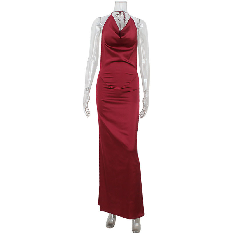 Backless Satin Midi Dress Deep V Neck Halter Neck Slim Fit Elegant Wine Red Cocktail Party Evening Wear