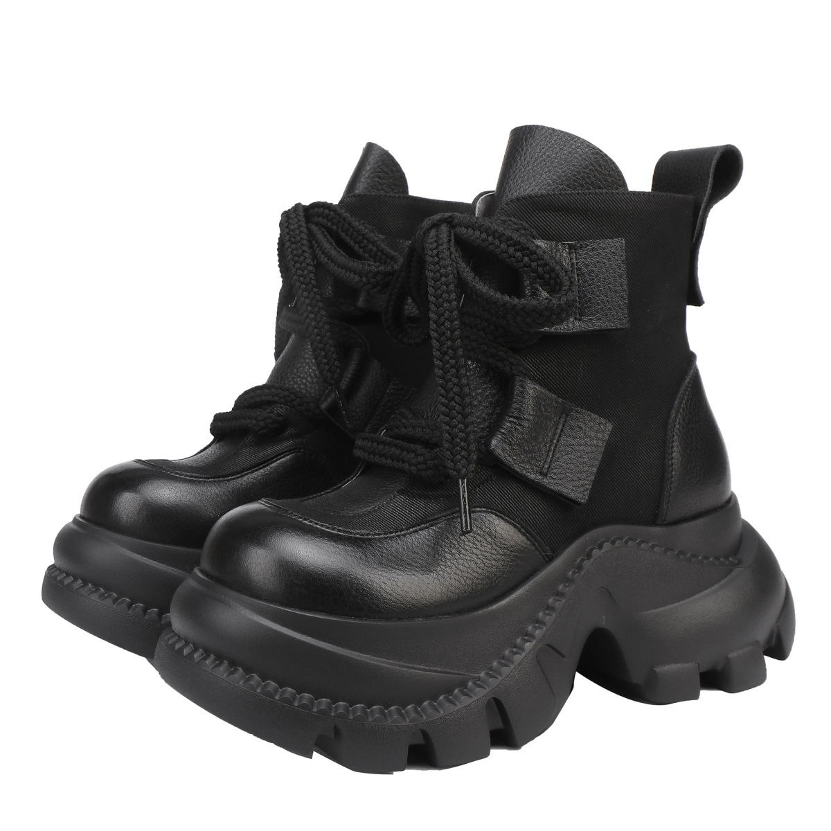 Boot nữ da bò thật cổ thấp đế dày dây buộc phong cách Martin — màu đen, màu nâu