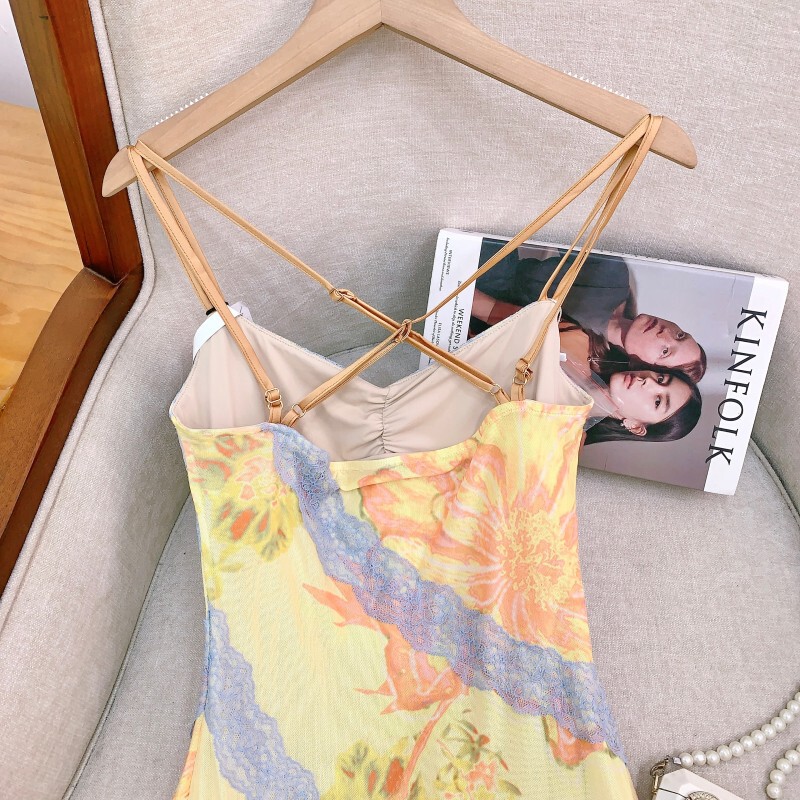 Đầm dây hoa in lãng mạn phối ren đuôi cá nữ — Màu hồng vàng phiên bản thông thường, Màu xanh vàng phiên bản thông thường