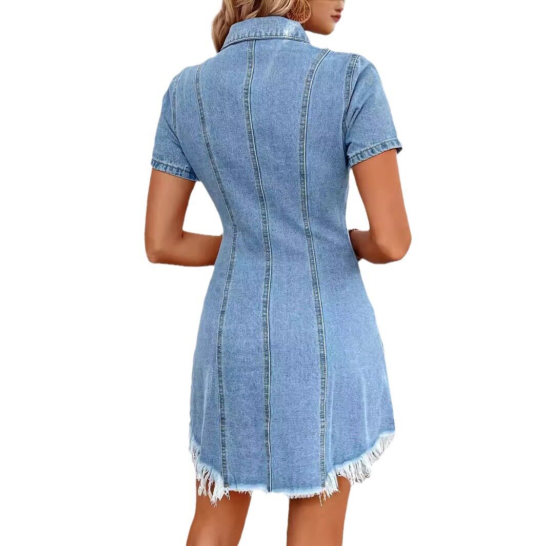 Vintage Denim Dress Slim Fit Short Sleeve Waist Cinching Design Perfect for Casual Outings Wholesale Available