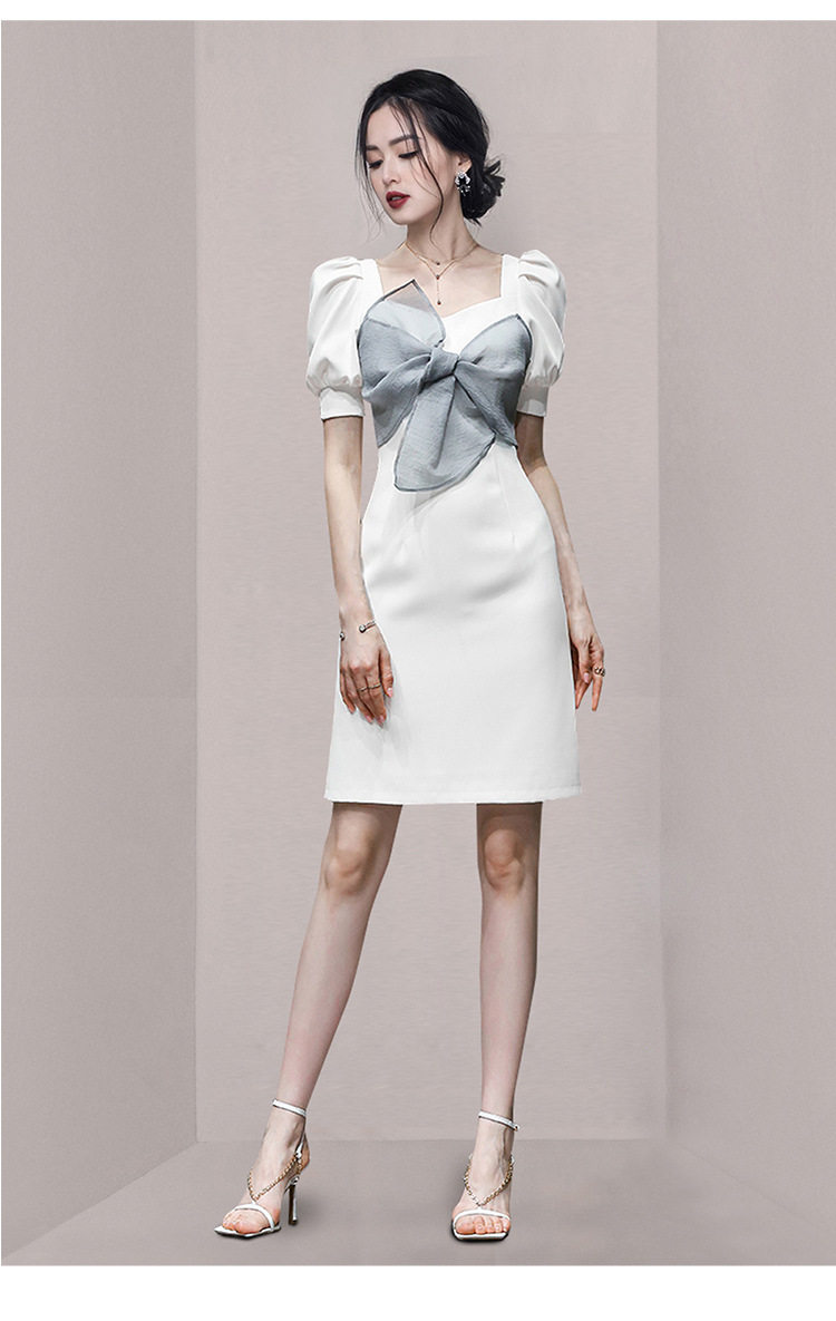 Đầm suông nữ midi tay ngắn cổ vuông chất polyester — Trắng, Đen chi tiết 9