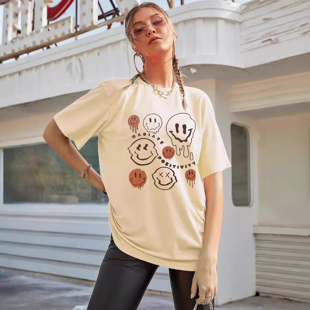Cotton Short Sleeve T Shirt Smile Print Casual Style Comfortable Fit Ready to Ship Wholesale Available