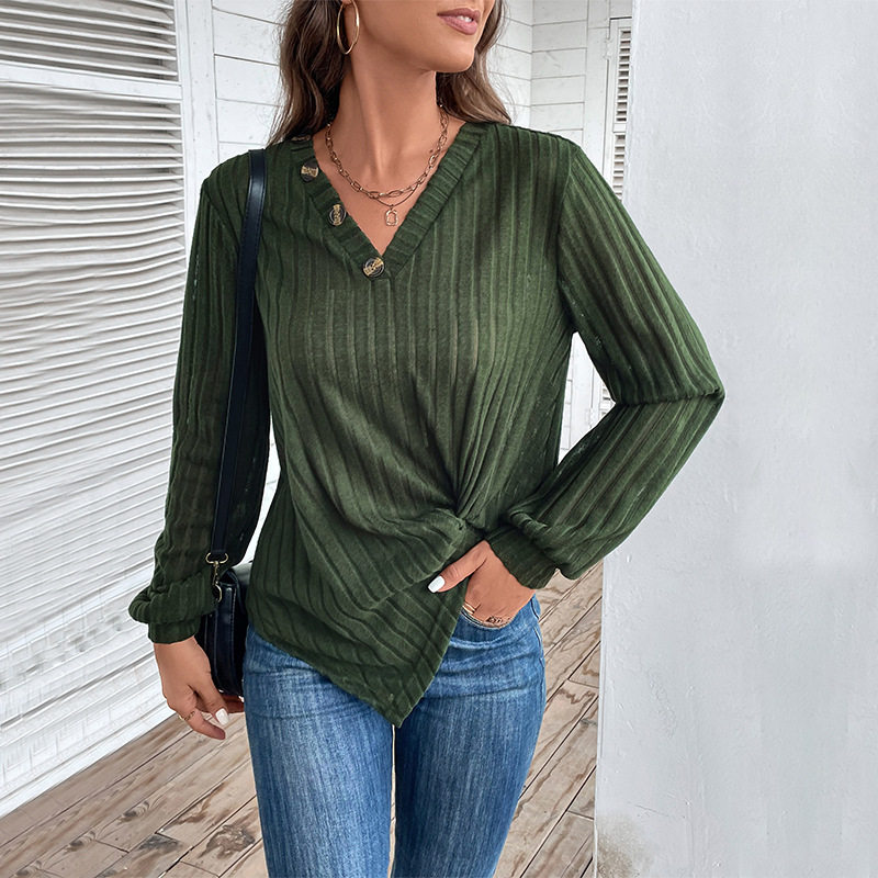 Womens Green V Neck Top Autumn Style Split Design Casual Wear Wholesale Available factory direct