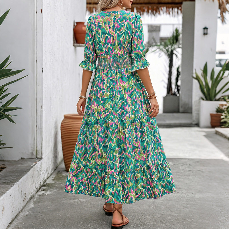 Abstract Print V Neck Midi Cake Dress Ethnic Style Short Sleeve Vacation Ready Wholesale Available