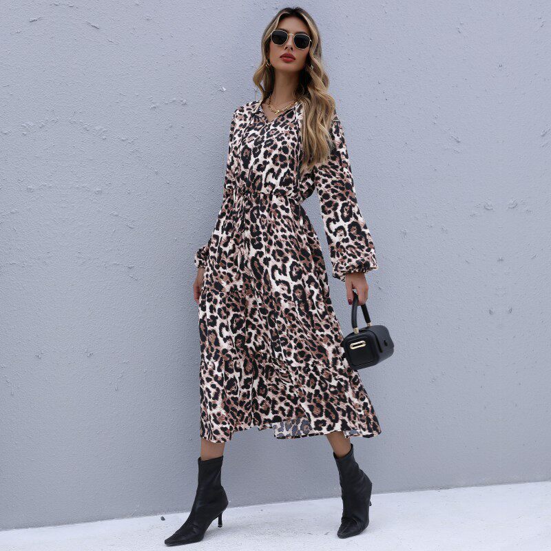 Leopard Print Midi Dress Long Sleeve Autumn Winter Style Trendy Design Wholesale Available customizable