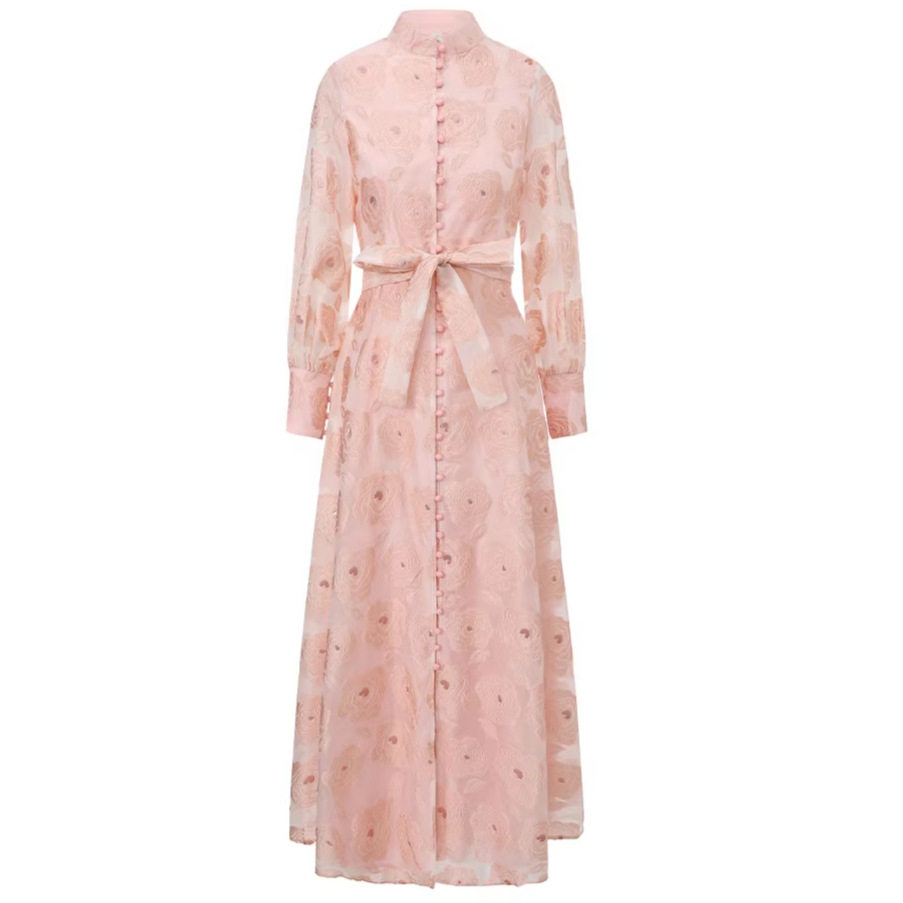 Vintage Inspired Luxury Jacquard Dress Stand Collar Waist Tie Slim Fit Elegant Long Dress for Spring and Autumn