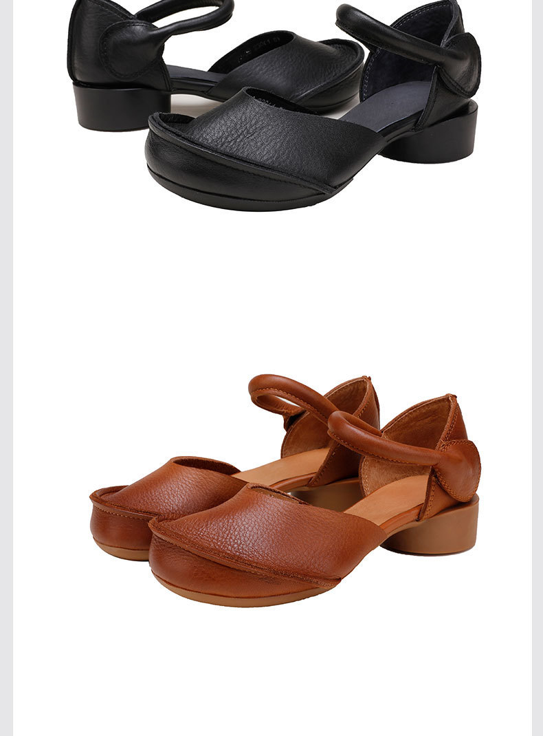 Giày sandal nữ quai ngang gót thô bọc mũi bằng da bò thật, đế mềm thủ công — Màu đen, Màu nâu