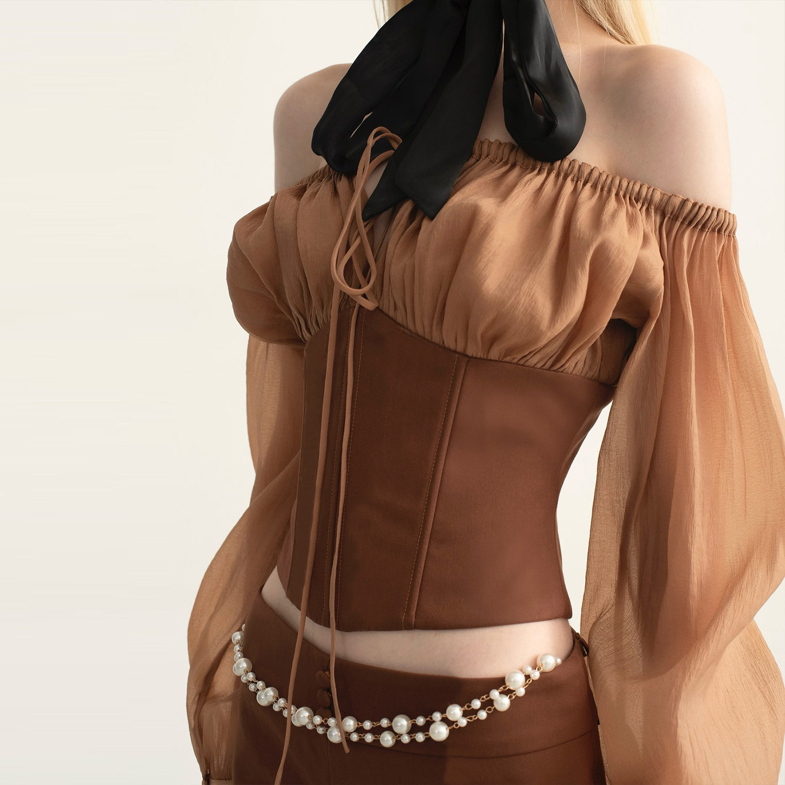 Off Shoulder Vintage Mesh Long Sleeve Top and Bodycon Mini Skirt Set Sexy Elegant Autumn Wholesale Available