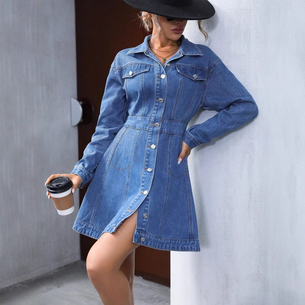 Long Sleeve Denim Dress Waist Defined Casual Style Perfect for Spring and Summer Wholesale Available