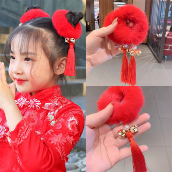 Autumn and Winter new children's hair accessories red plush children's hair Ring Ball head hair accessories New Year hair accessories Big Red Bell