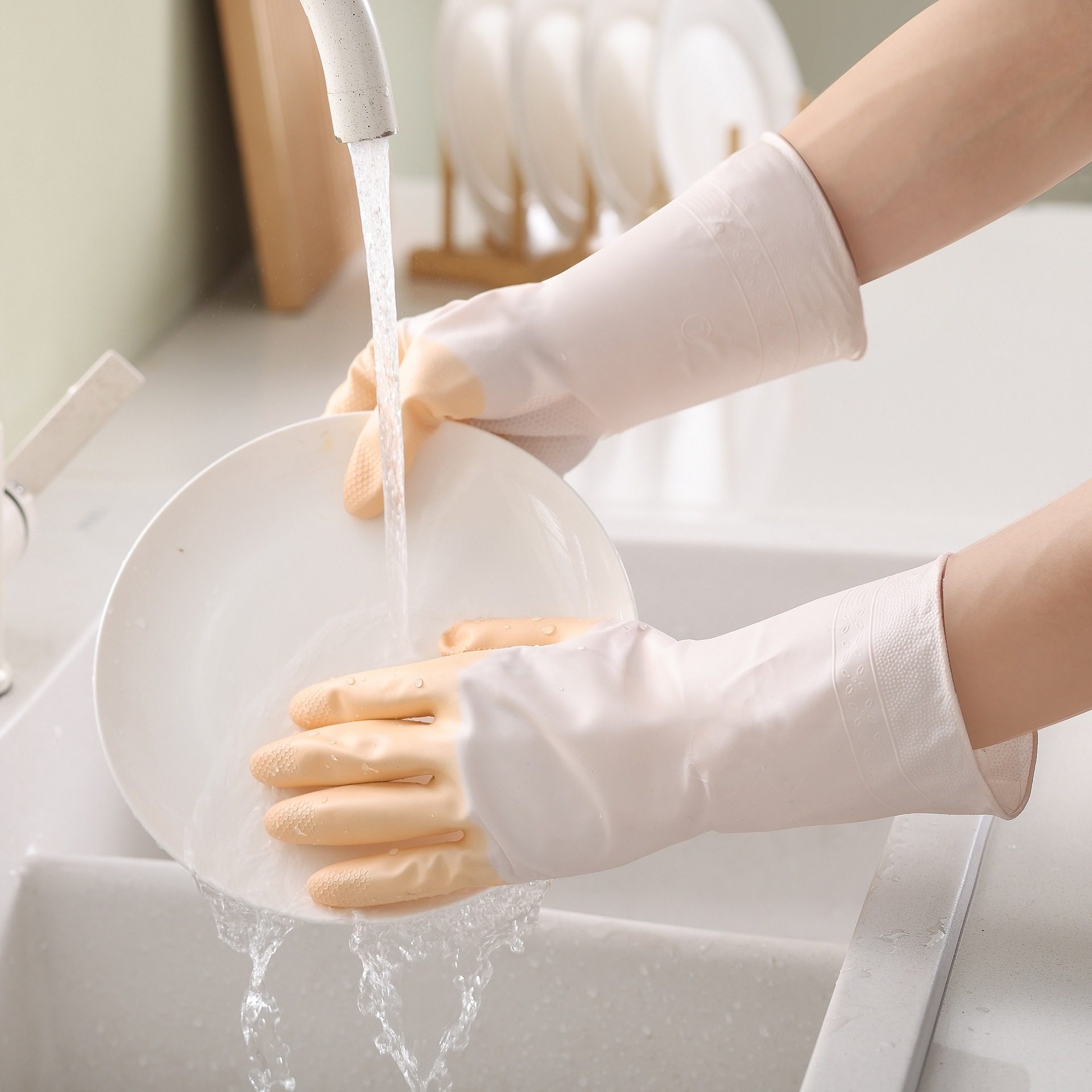 White two-color gloves dish washing gloves women's kitchen fairy latex laundry waterproof plastic rubber housework bowl