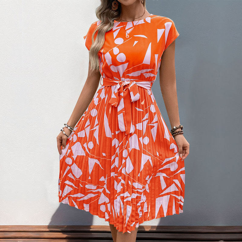 Elegant Abstract Print Pleated Dress Casual Beach Vacation Style Perfect for Summer Events Wholesale Available