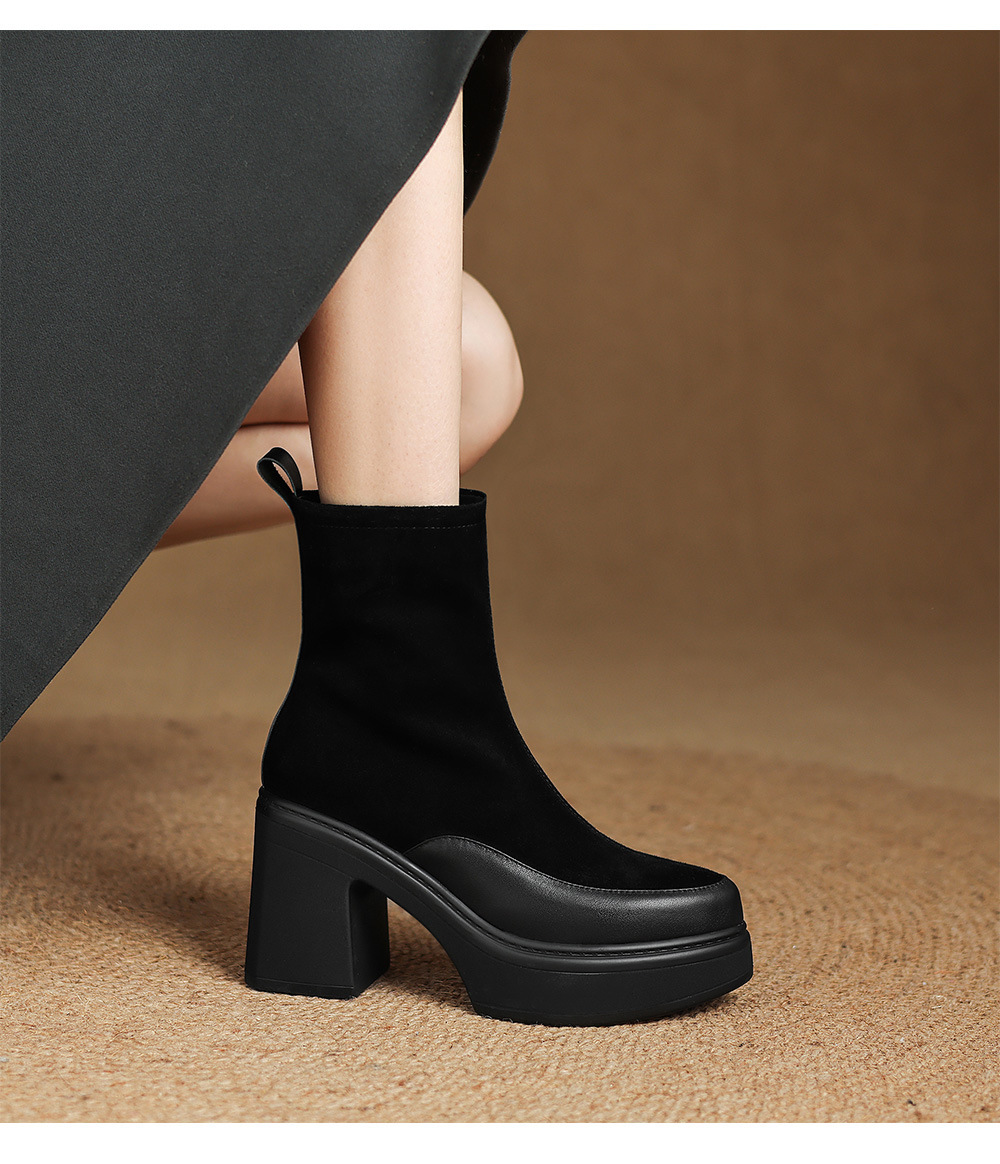 Boot nữ mũi nhọn phối da, cổ ngắn ôm chân, đế dày gót cao — Lớp lót đơn màu đen, Lót nhung đen