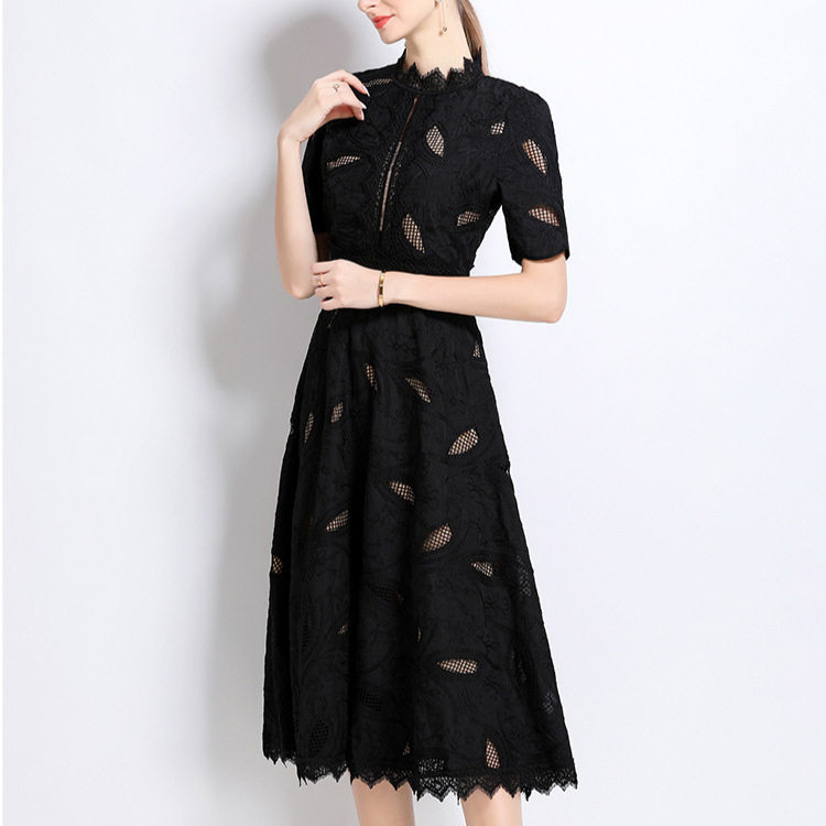 Elegant Short Sleeve Lace Dress for Women French Style Hollow Out Waist Defined High End Fashion Perfect for Formal