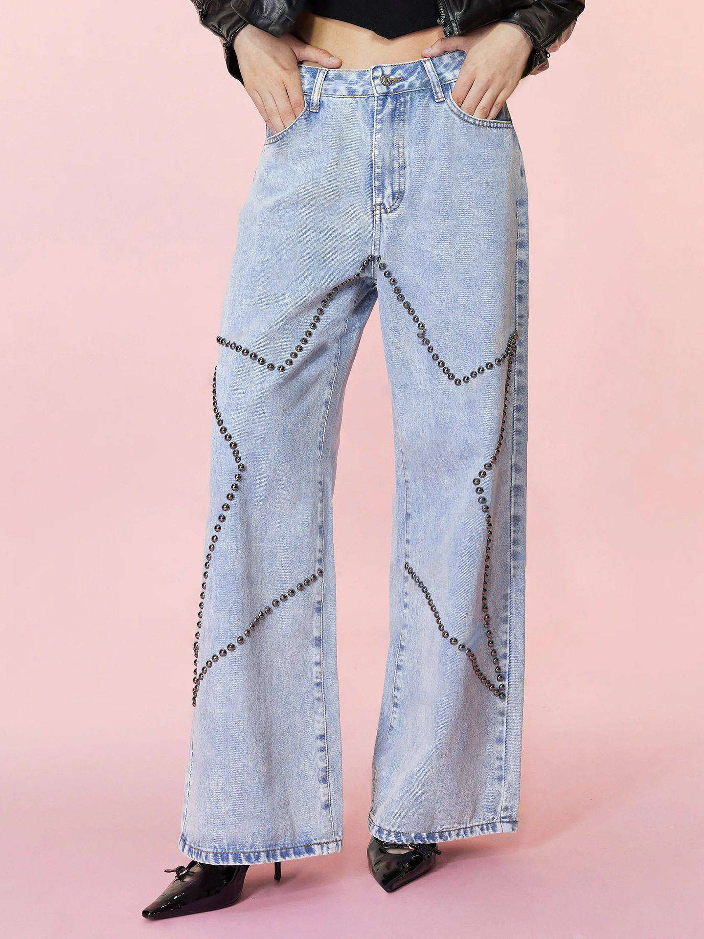 Loose Fit Vintage Beaded Denim Pants Womens Casual Style European and American Fashion Wholesale Available