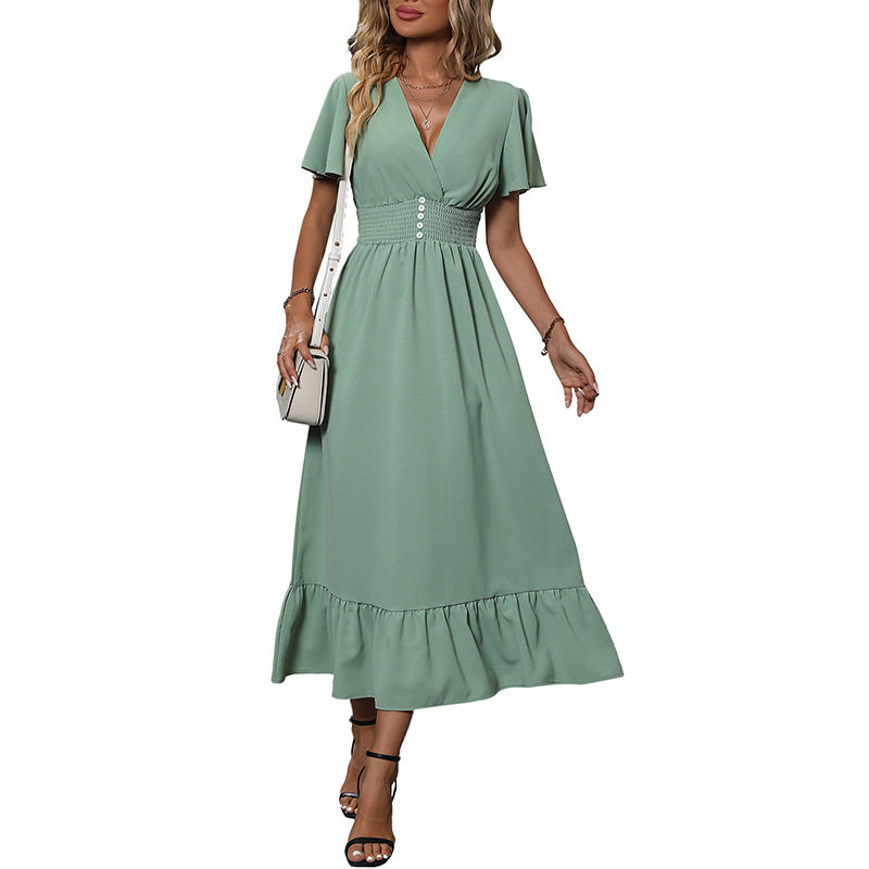 Summer Ruffle Hem Maxi Dress V Neck Fresh Green Elegant Design Perfect for Casual Outings Wholesale Available