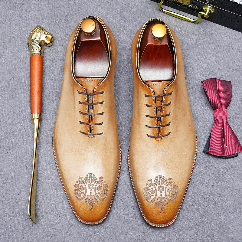 Giày Oxford nam da bò nguyên miếng buộc dây công sở — Màu xám đen, Màu vàng đất