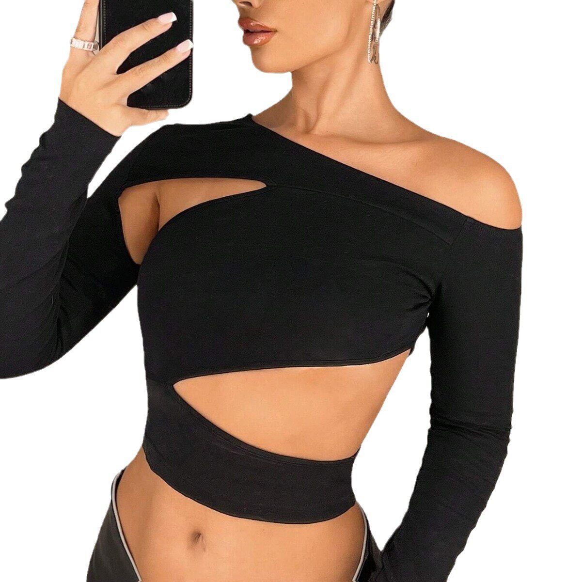 Womens Irregular Asymmetrical Neck Y2K Long Sleeve T Shirt Trendy European and American Style Spring Summer Collection