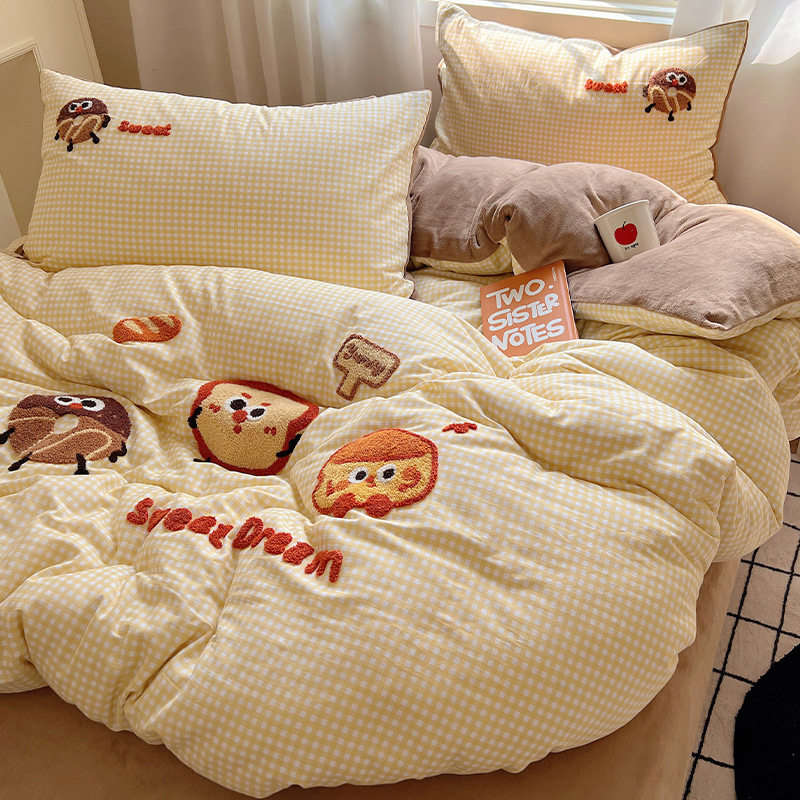 Autumn and Winter Ab Surface Pure Cotton Milk Velvet Bed Four-Piece Bed Bed Sheets Set Pure Cotton Coral Velvet Thickeneded Fleece-Lined Quilt Cover Bedding