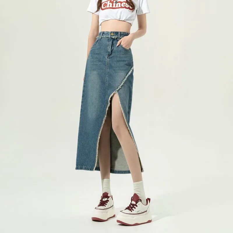 High Waisted A Line Denim Skirt Vintage Style Irregular Hem Mid Length Flattering Fit Spring Fashion Wholesale