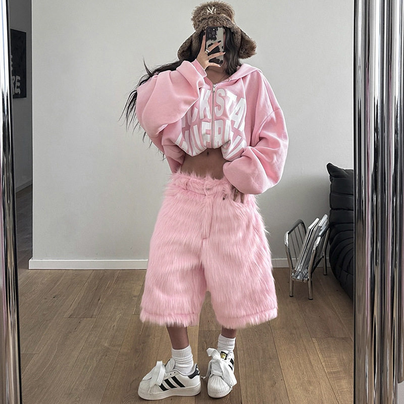 Womens Hip Hop Style Plush Loose Fit Low Waist Shorts Unique Design Versatile Comfortable Autumn Collection