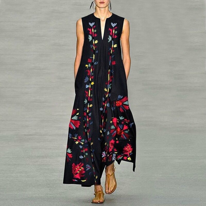 Fashionable Deep V Neck Printed Maxi Dress Sleeveless Trendy Design Comfortable Fabric Perfect for Summer Events